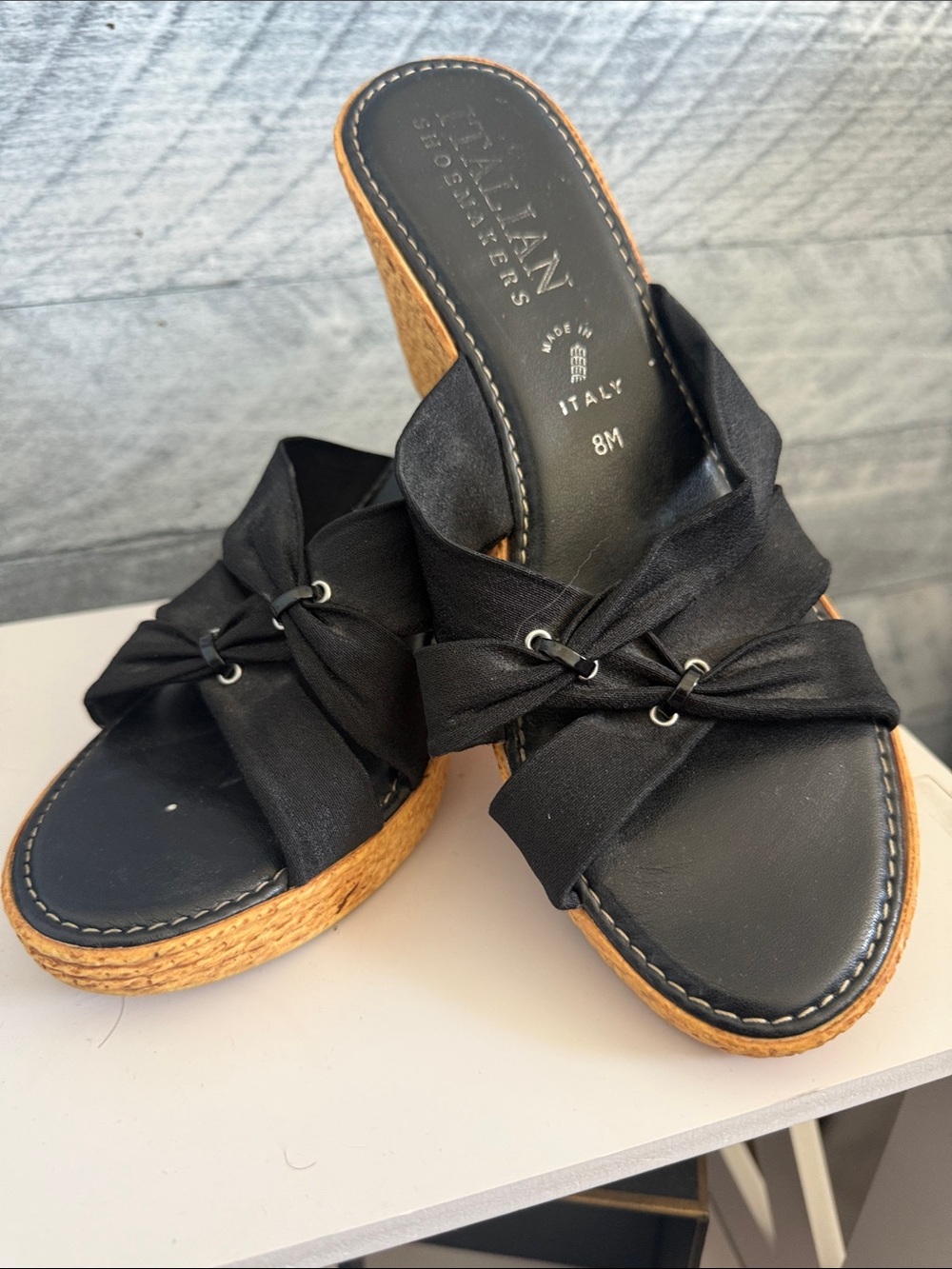 Italian Shoemakers Black Knotted Wedge Slide Sandals